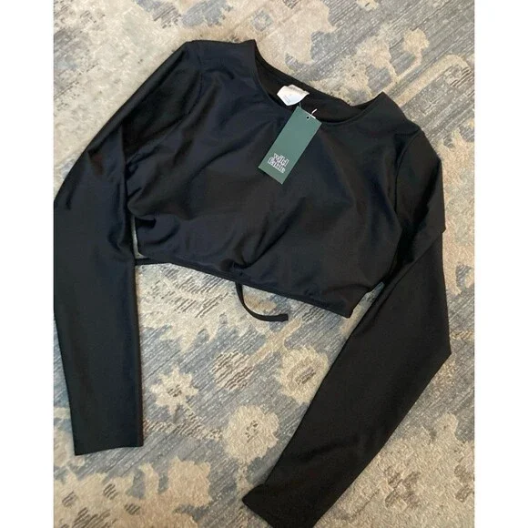 Wild Fable Black Lace-Up Back Long Sleeve Cropped Swim Rash Guard Large NWT - Picture 4 of 7